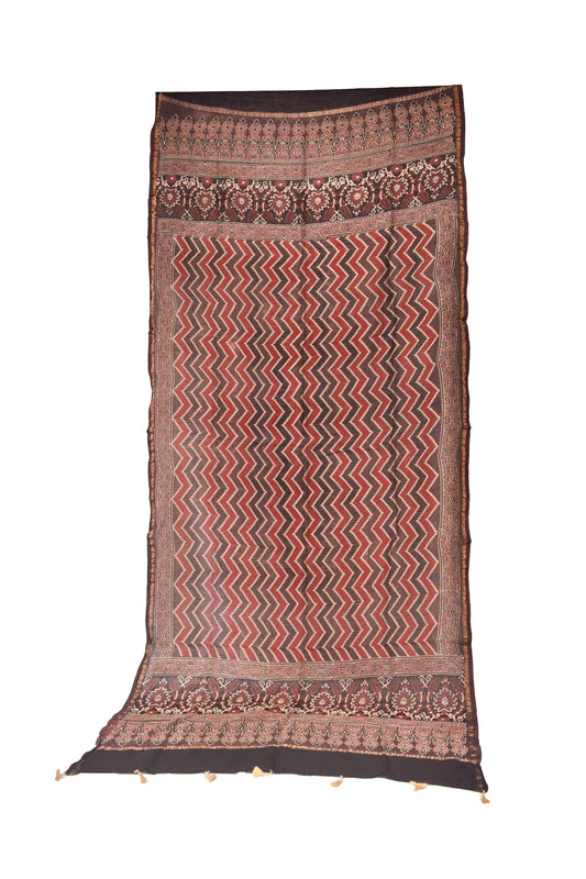 Ajrakh Chanderi Silk Natural Dye Hand Block Print Dupatta With Tassels - 2.5 Mtr Length - SKU : ID07701E