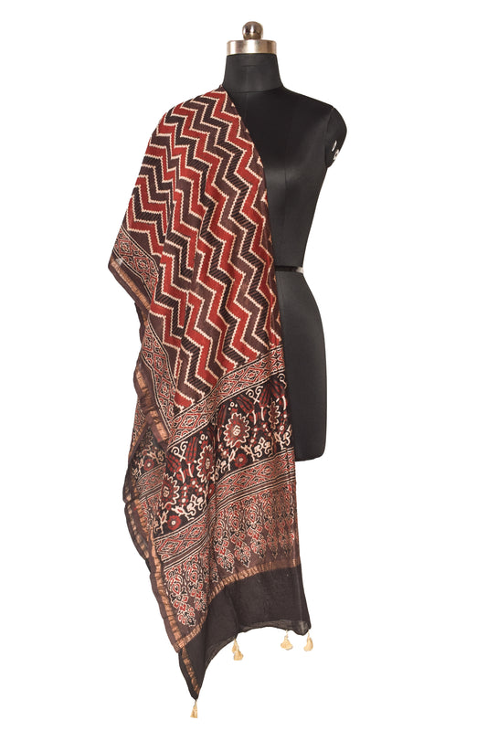 Ajrakh Chanderi Silk Natural Dye Hand Block Print Dupatta With Tassels - 2.5 Mtr Length - SKU : ID07701E