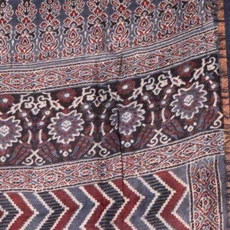 Ajrakh Chanderi Silk Natural Dye Hand Block Print Dupatta  With Tassels  - 2.5 Mtr Length  -  SKU: ID07701B