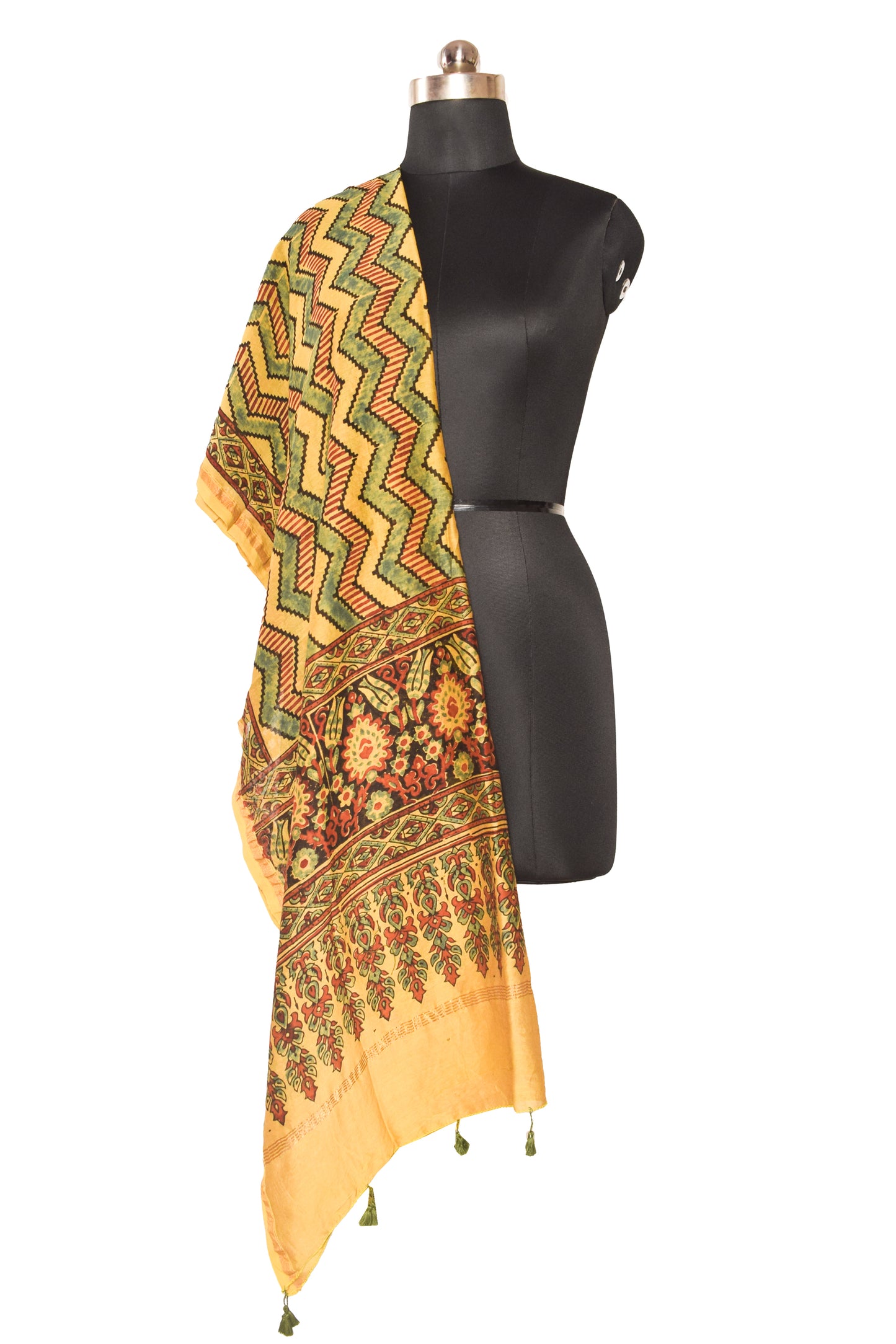 Ajrakh Chanderi Silk Natural Dye Hand Block Print Dupatta  With Tassels  - 2.5 Mtr Length  -  SKU: ID07701F