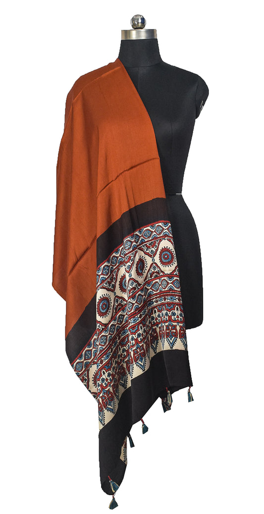 Ajrakh Modal Silk Part Natural Dye Half Plain Dyeing Hand Block Print Dupatta with Tassels - 2.5 Mtr Length - SKU : AI20104U