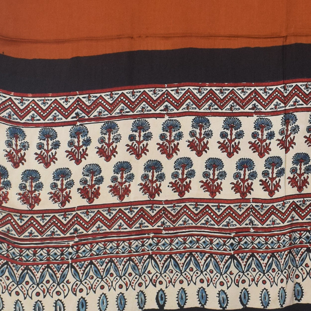 Ajrakh Modal Silk Part Natural Dye Half Plain Dyeing Hand Block Print Dupatta with Tassels - 2.5 Mtr Length - SKU : AI20104V