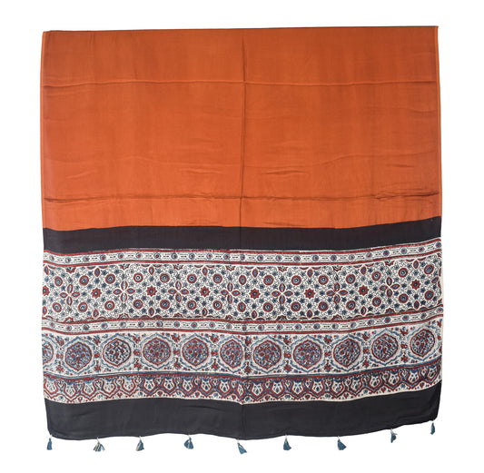 Ajrakh Modal Silk Part Natural Dye Half Plain Dyeing Hand Block Print Dupatta with Tassels - 2.5 Mtr Length - SKU : AI21701I