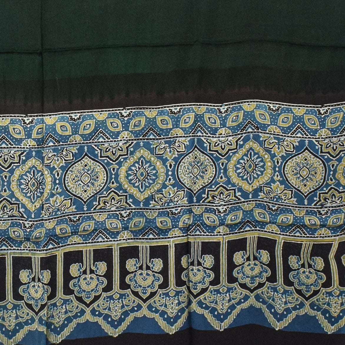 Ajrakh Modal Silk Part Natural Dye Half Plain Dyeing Hand Block Print Dupatta with Tassels - 2.5 Mtr Length - SKU : AI20104J