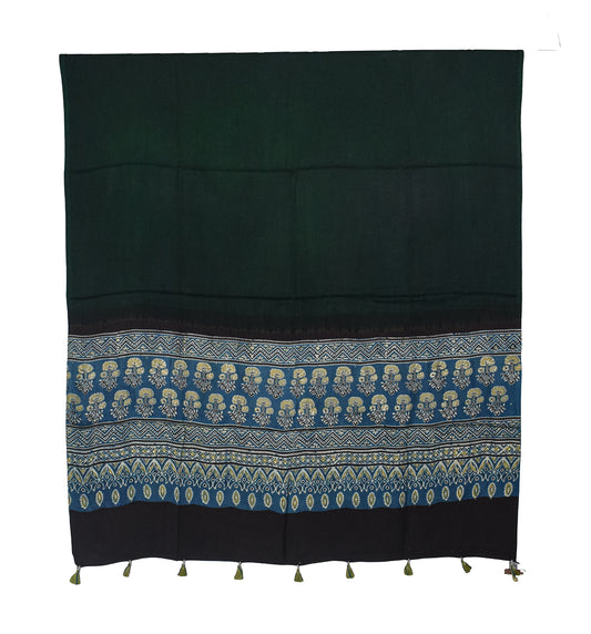 Ajrakh Modal Silk Part Natural Dye Half Plain Dyeing Hand Block Print Dupatta with Tassels - 2.5 Mtr Length - SKU : AI20104M