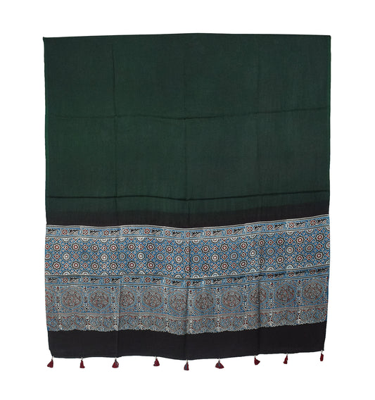 Ajrakh Modal Silk Part Natural Dye Half Plain Dyeing Hand Block Print Dupatta with Tassels - 2.5 Mtr Length - SKU : AI20104P