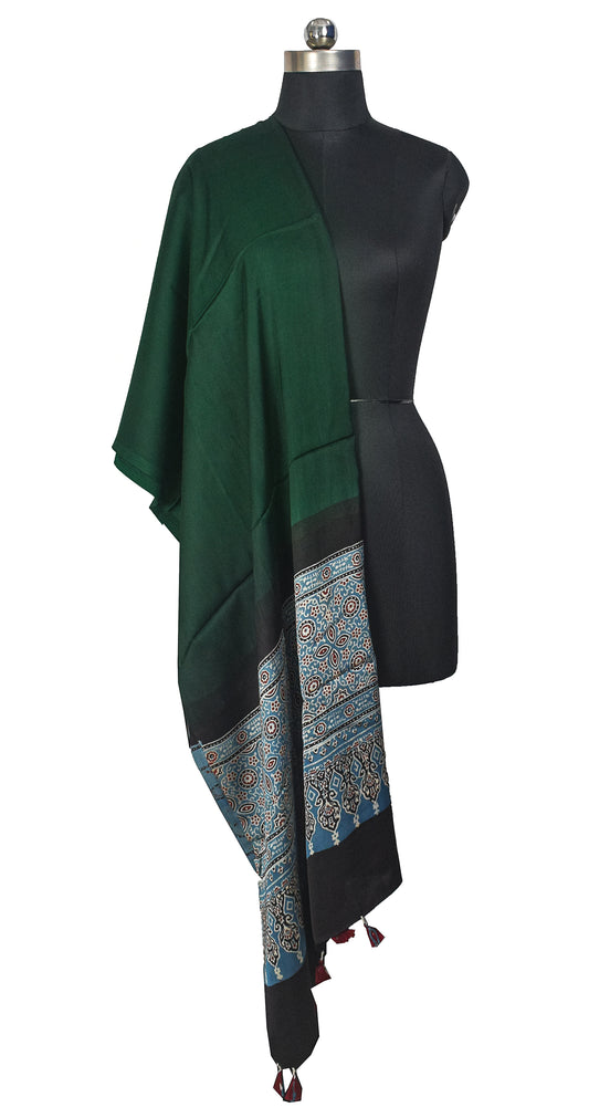 Ajrakh Modal Silk Part Natural Dye Half Plain Dyeing Hand Block Print Dupatta with Tassels - 2.5 Mtr Length - SKU : AI20104R