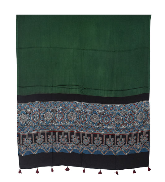 Ajrakh Modal Silk Part Natural Dye Half Plain Dyeing Hand Block Print Dupatta with Tassels - 2.5 Mtr Length - SKU : AI20104W
