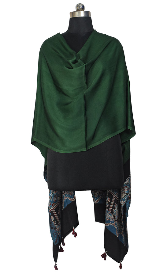 Ajrakh Modal Silk Part Natural Dye Half Plain Dyeing Hand Block Print Dupatta with Tassels - 2.5 Mtr Length - SKU : AI20104W