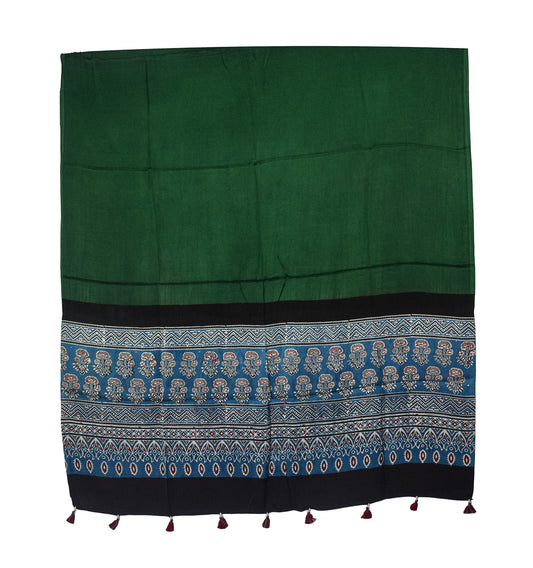 Ajrakh Modal Silk Part Natural Dye Half Plain Dyeing Hand Block Print Dupatta with Tassels - 2.5 Mtr Length - SKU : AI2014AJ