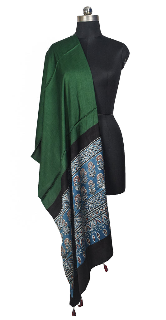 Ajrakh Modal Silk Part Natural Dye Half Plain Dyeing Hand Block Print Dupatta with Tassels - 2.5 Mtr Length - SKU : AI2014AJ