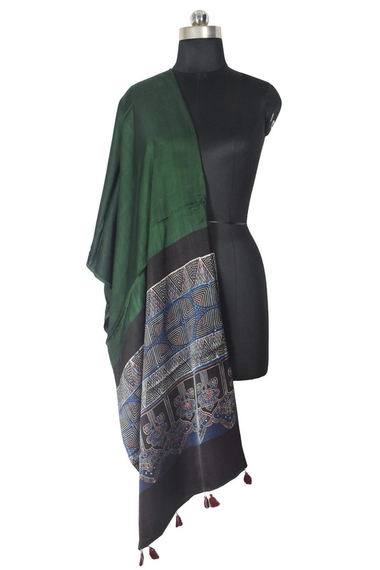 Ajrakh Modal Silk Part Natural Dye Half Plain Dyeing Hand Block Print Dupatta with Tassels - 2.5 Mtr Length - SKU : AI2170AA