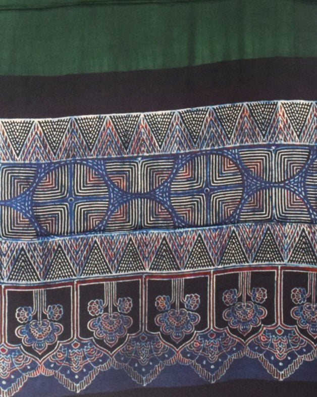 Ajrakh Modal Silk Part Natural Dye Half Plain Dyeing Hand Block Print Dupatta with Tassels - 2.5 Mtr Length - SKU : AI2170AA