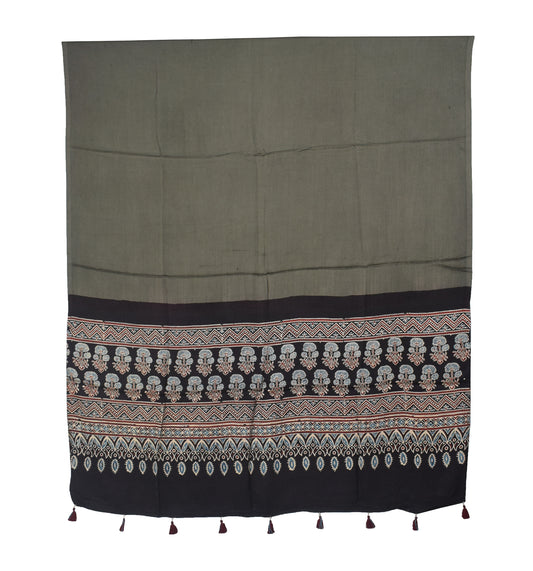 Ajrakh Modal Silk Part Natural Dye Half Plain Dyeing Hand Block Print Dupatta with Tassels - 2.5 Mtr Length - SKU : AI2014AM