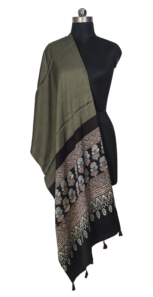 Ajrakh Modal Silk Part Natural Dye Half Plain Dyeing Hand Block Print Dupatta with Tassels - 2.5 Mtr Length - SKU : AI2014AM