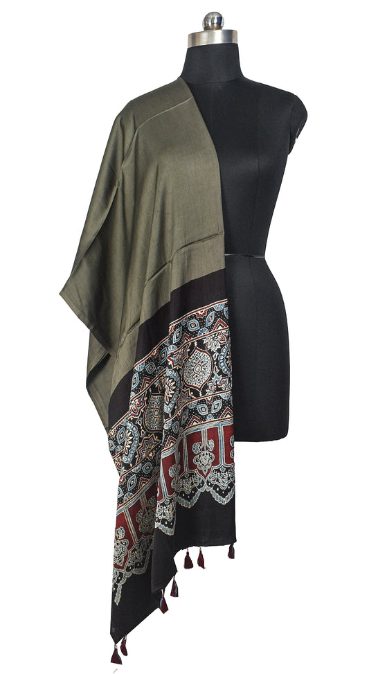 Ajrakh Modal Silk Part Natural Dye Half Plain Dyeing Hand Block Print Dupatta with Tassels - 2.5 Mtr Length - SKU : AI2014AN