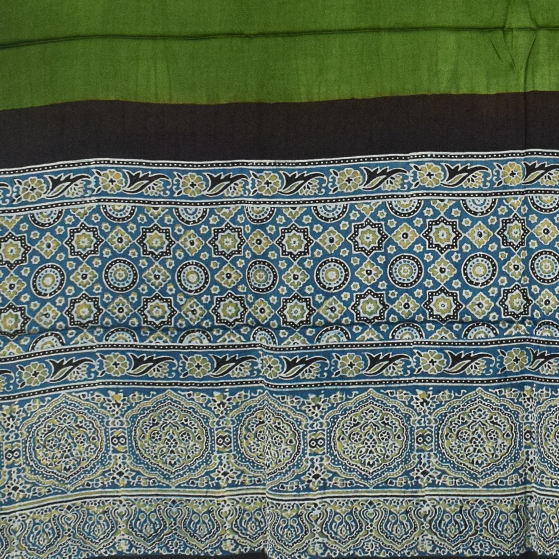 Ajrakh Modal Silk Part Natural Dye Half Plain Dyeing Hand Block Print Dupatta with Tassels - 2.5 Mtr Length - SKU : AI20104G