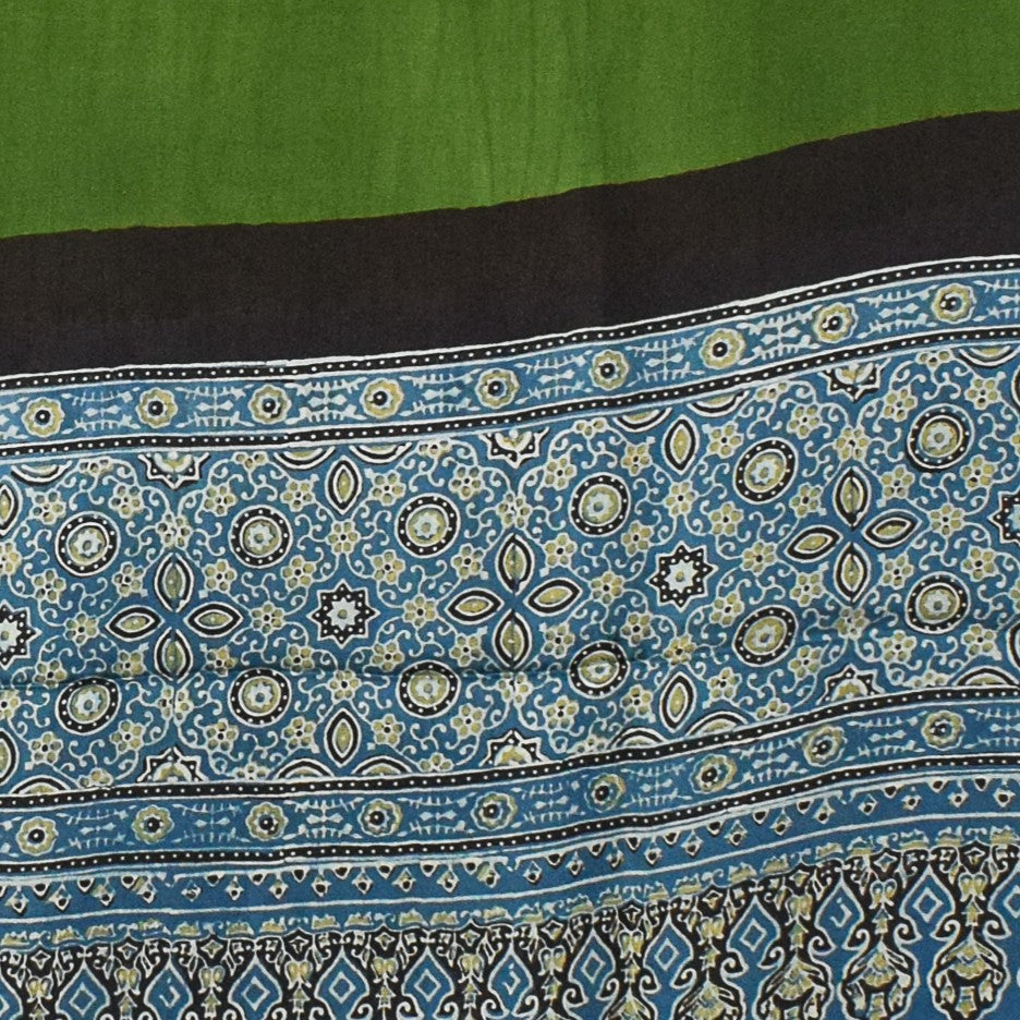 Ajrakh Modal Silk Part Natural Dye Half Plain Dyeing Hand Block Print Dupatta with Tassels - 2.5 Mtr Length - SKU : AI20104H