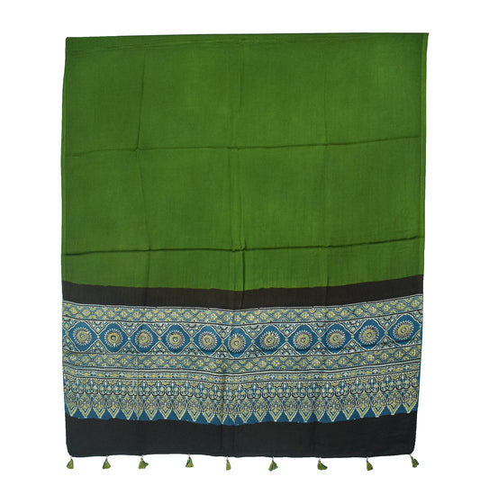 Ajrakh Modal Silk Part Natural Dye Half Plain Dyeing Hand Block Print Dupatta with Tassels - 2.5 Mtr Length - SKU : AI2014AF