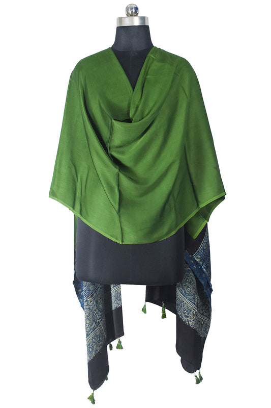 Ajrakh Modal Silk Part Natural Dye Half Plain Dyeing Hand Block Print Dupatta with Tassels - 2.5 Mtr Length - SKU : AI21701L