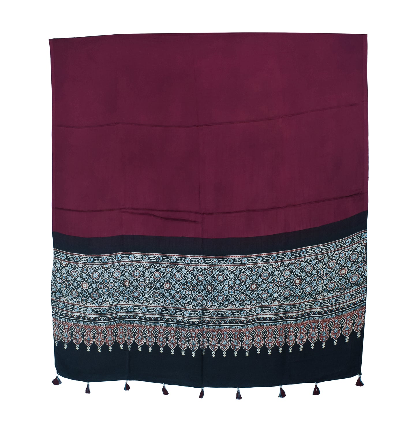 Ajrakh Modal Silk Part Natural Dye Half Plain Dyeing Hand Block Print Dupatta with Tassels - 2.5 Mtr Length - SKU : AI20104A