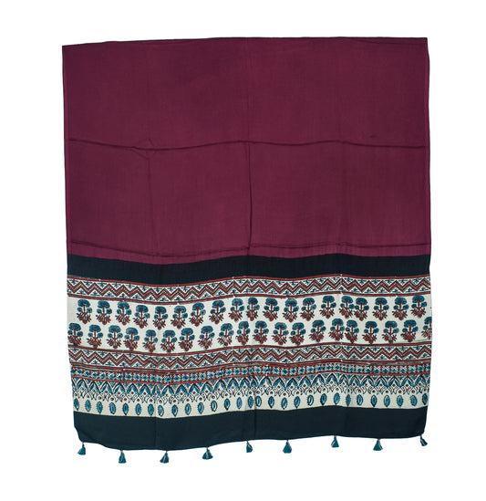 Ajrakh Modal Silk Part Natural Dye Half Plain Dyeing Hand Block Print Dupatta with Tassels - 2.5 Mtr Length - SKU : AI20104T