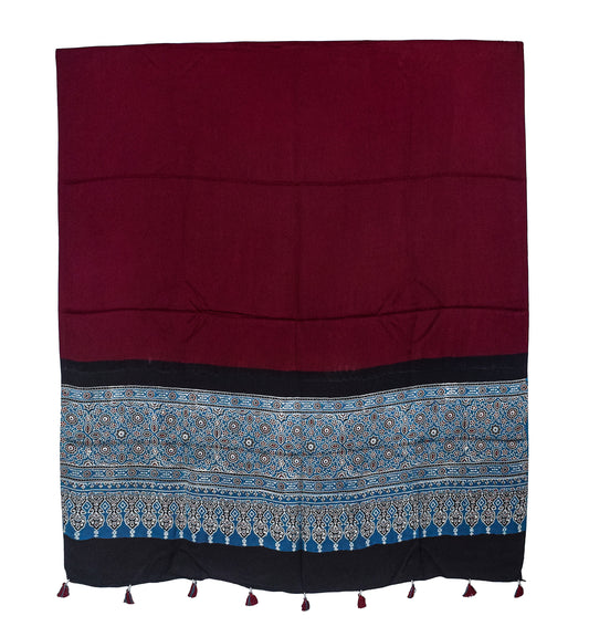 Ajrakh Modal Silk Part Natural Dye Half Plain Dyeing Hand Block Print Dupatta with Tassels - 2.5 Mtr Length - SKU : AI20104K