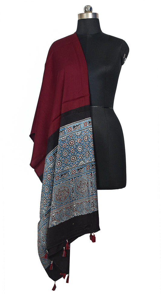 Ajrakh Modal Silk Part Natural Dye Half Plain Dyeing Hand Block Print Dupatta with Tassels - 2.5 Mtr Length - SKU : AI20104L