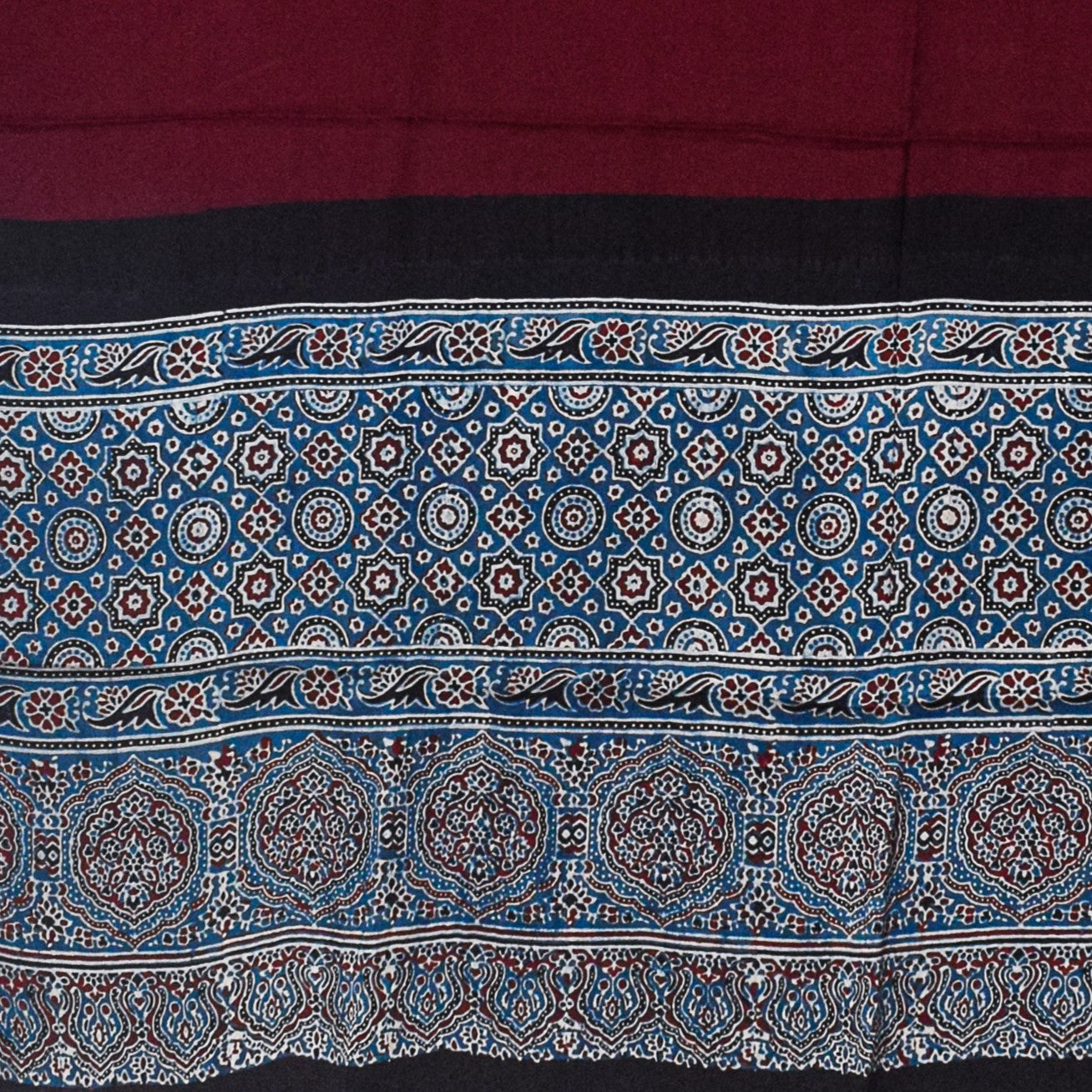 Ajrakh Modal Silk Part Natural Dye Half Plain Dyeing Hand Block Print Dupatta with Tassels - 2.5 Mtr Length - SKU : AI20104L