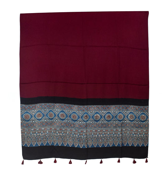 Ajrakh Modal Silk Part Natural Dye Half Plain Dyeing Hand Block Print Dupatta with Tassels - 2.5 Mtr Length - SKU : AI20104Y