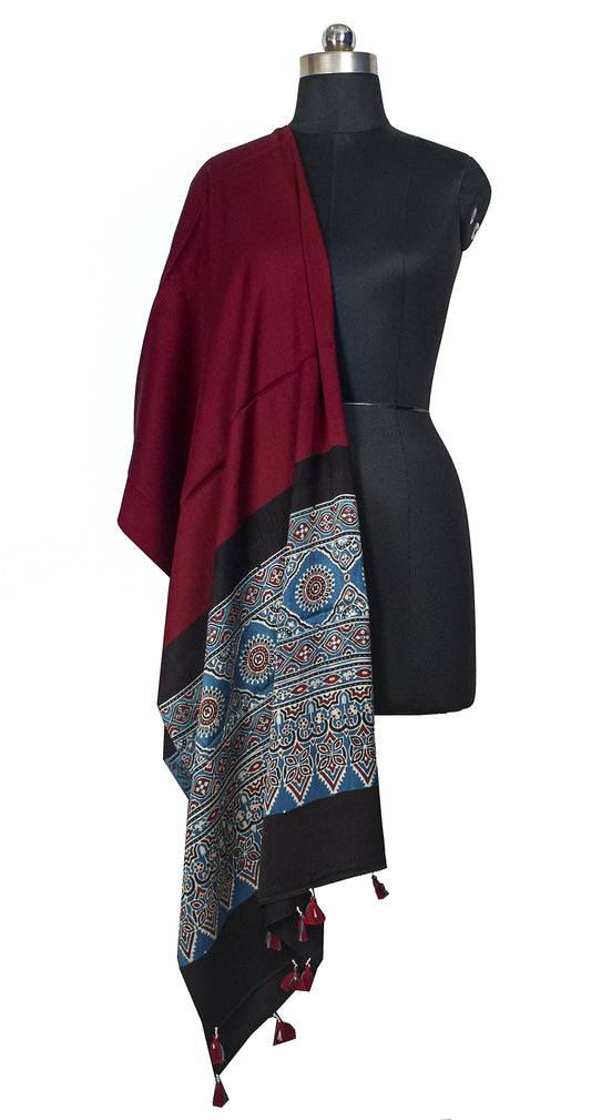 Ajrakh Modal Silk Part Natural Dye Half Plain Dyeing Hand Block Print Dupatta with Tassels - 2.5 Mtr Length - SKU : AI20104Y