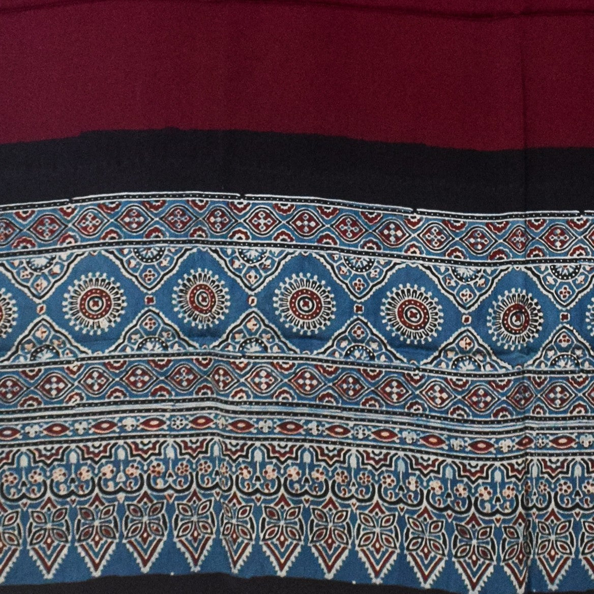 Ajrakh Modal Silk Part Natural Dye Half Plain Dyeing Hand Block Print Dupatta with Tassels - 2.5 Mtr Length - SKU : AI20104Y
