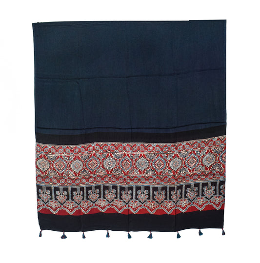 Ajrakh Modal Silk Part Natural Dye Half Plain Dyeing Hand Block Print Dupatta with Tassels - 2.5 Mtr Length - SKU : AI20104X