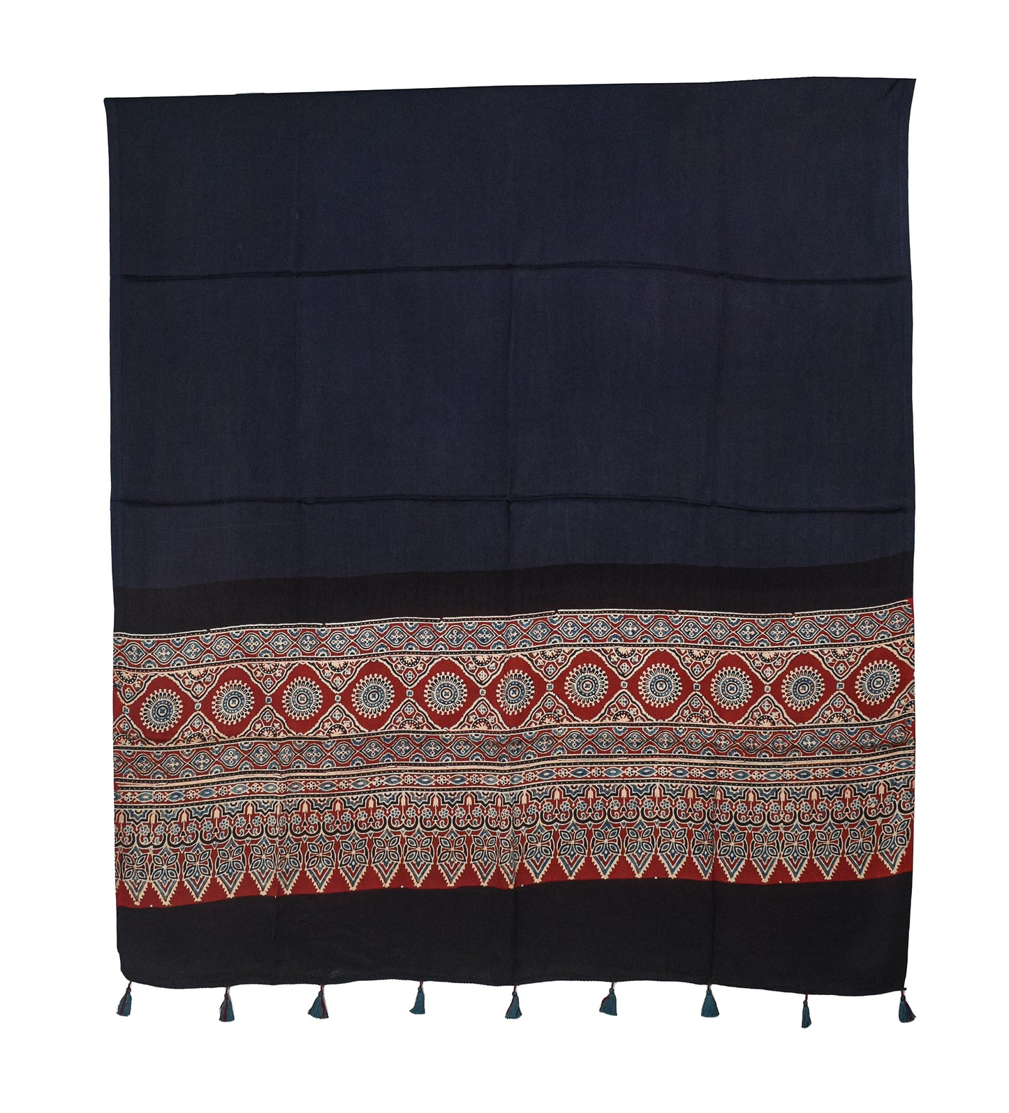 Ajrakh Modal Silk Part Natural Dye Half Plain Dyeing Hand Block Print Dupatta with Tassels - 2.5 Mtr Length - SKU : AI2014AA