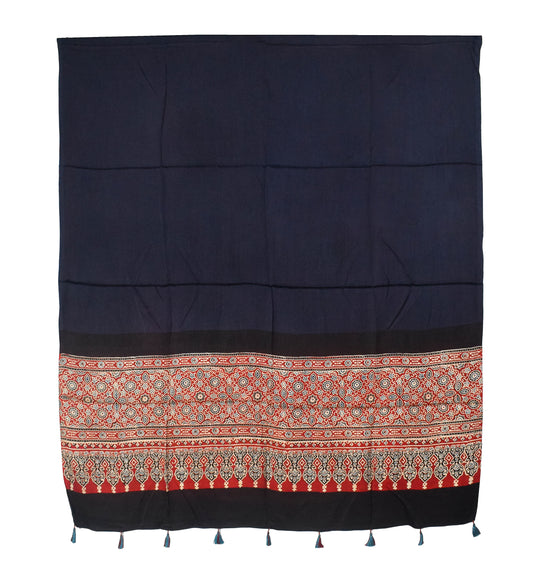 Ajrakh Modal Silk Part Natural Dye Half Plain Dyeing Hand Block Print Dupatta with Tassels - 2.5 Mtr Length - SKU : AI2014AL
