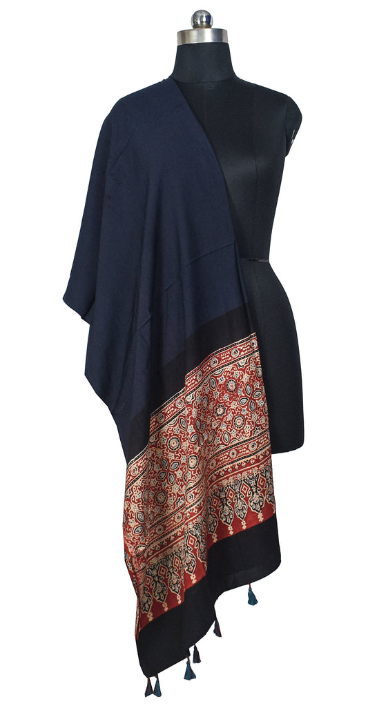 Ajrakh Modal Silk Part Natural Dye Half Plain Dyeing Hand Block Print Dupatta with Tassels - 2.5 Mtr Length - SKU : AI2014AL