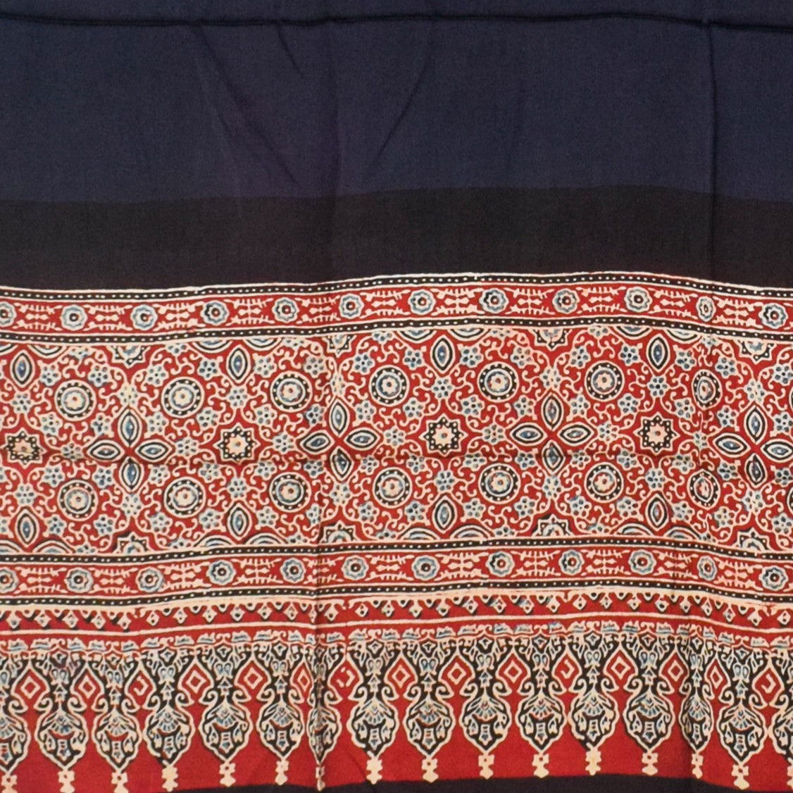 Ajrakh Modal Silk Part Natural Dye Half Plain Dyeing Hand Block Print Dupatta with Tassels - 2.5 Mtr Length - SKU : AI2014AL