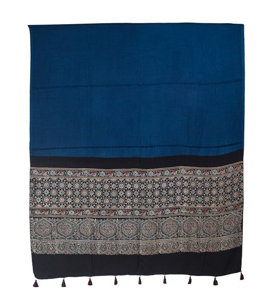 Ajrakh Modal Silk Part Natural Dye Half Plain Dyeing Hand Block Print Dupatta with Tassels - 2.5 Mtr Length - SKU : AI2014AB