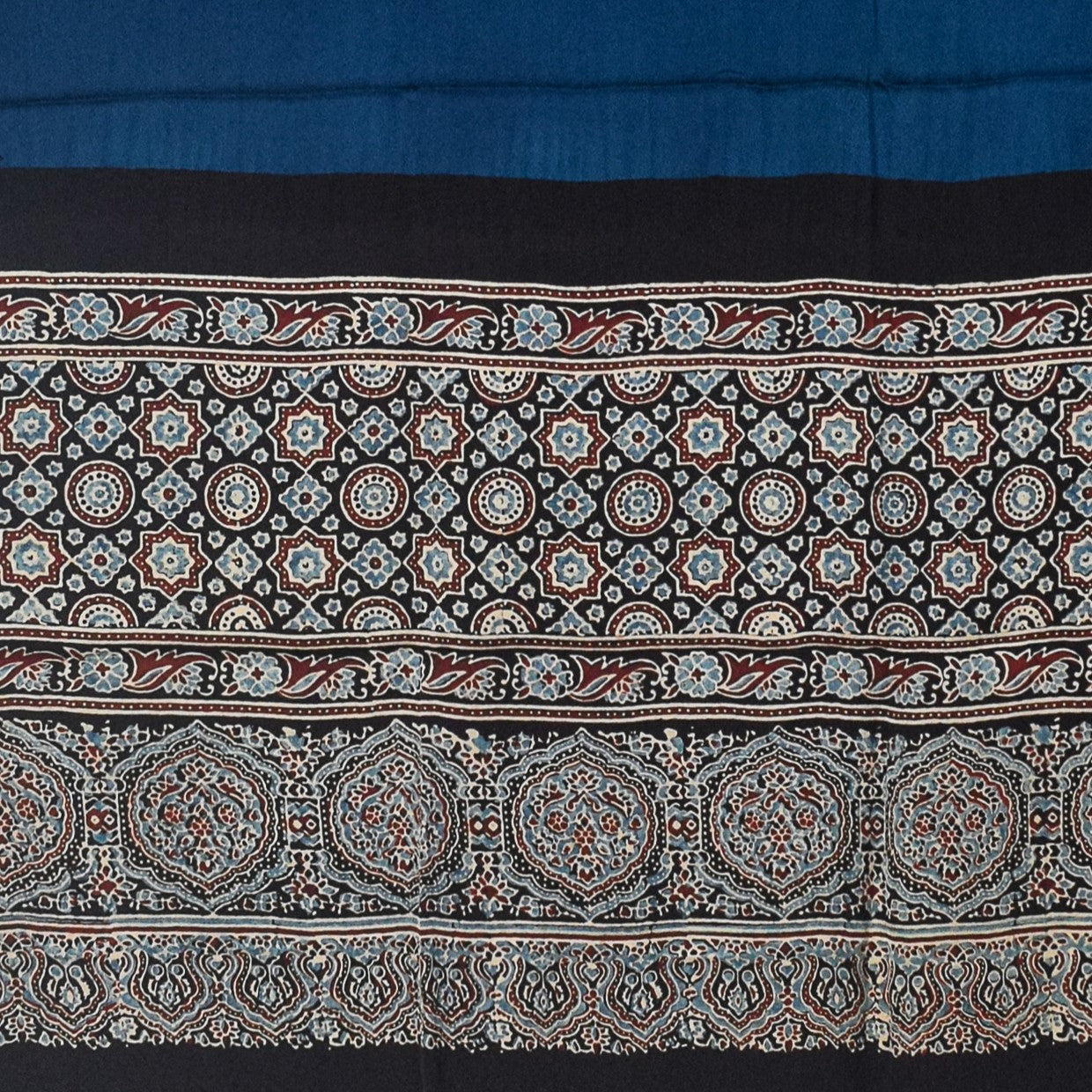 Ajrakh Modal Silk Part Natural Dye Half Plain Dyeing Hand Block Print Dupatta with Tassels - 2.5 Mtr Length - SKU : AI2014AB