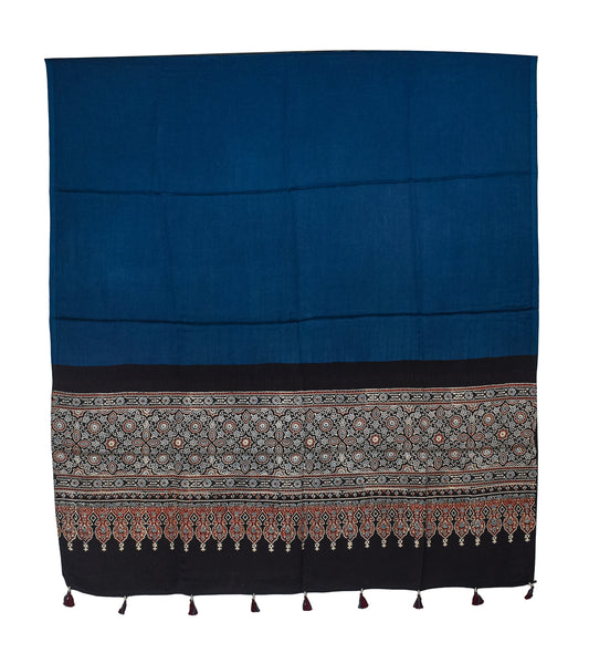 Ajrakh Modal Silk Part Natural Dye Half Plain Dyeing Hand Block Print Dupatta with Tassels - 2.5 Mtr Length - SKU : AI2014AC