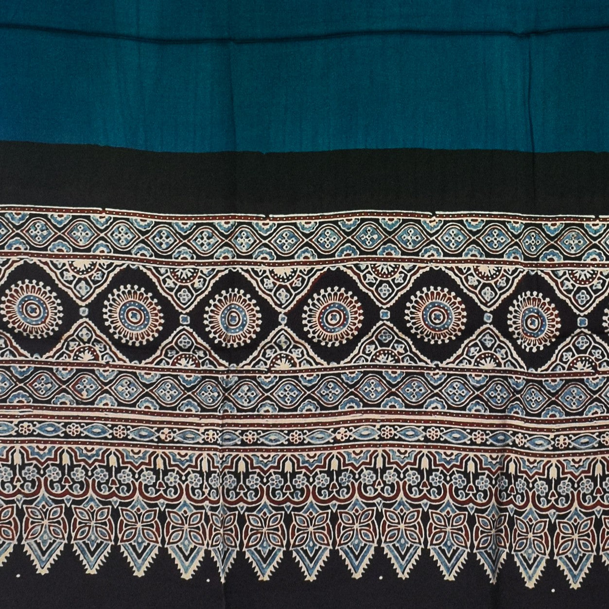 Ajrakh Modal Silk Part Natural Dye Half Plain Dyeing Hand Block Print Dupatta with Tassels - 2.5 Mtr Length - SKU : AI2014AE