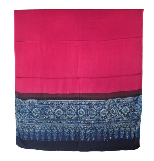 Ajrakh Modal Silk Part Natural Dye Half Plain Dyeing Hand Block Print Dupatta with Tassels - 2.5 Mtr Length - SKU : AI21701U