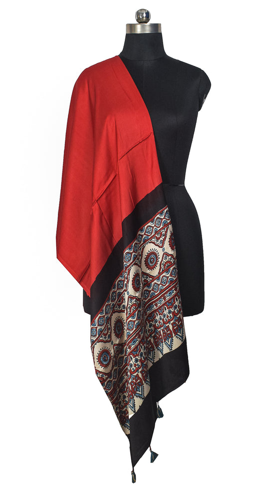 Ajrakh Modal Silk Part Natural Dye Half Plain Dyeing Hand Block Print Dupatta with Tassels - 2.5 Mtr Length - SKU : AI20104S