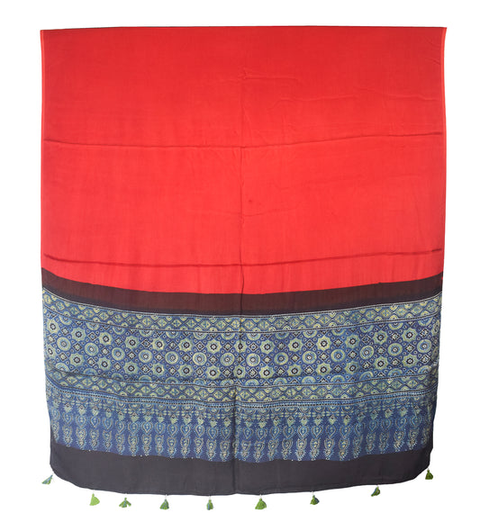 Ajrakh Modal Silk Part Natural Dye Half Plain Dyeing Hand Block Print Dupatta with Tassels - 2.5 Mtr Length - SKU : AI21701P