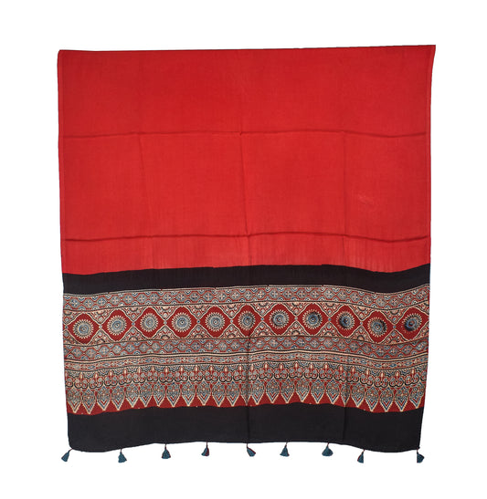 Ajrakh Modal Silk Part Natural Dye Half Plain Dyeing Hand Block Print Dupatta with Tassels - 2.5 Mtr Length - SKU : AI20104Z