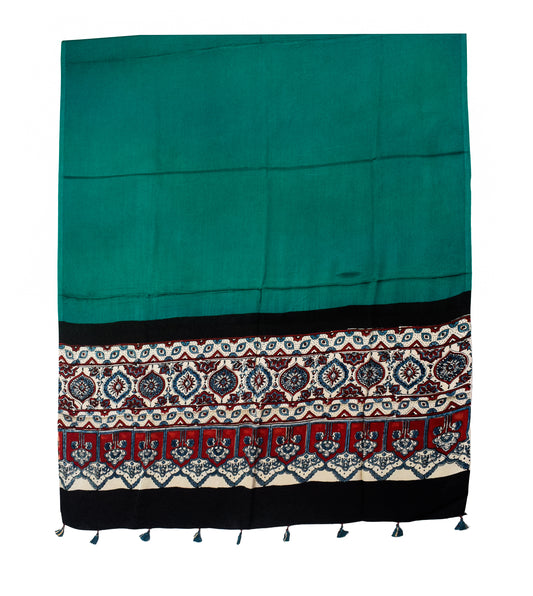 Ajrakh Modal Silk Part Natural Dye Half Plain Dyeing Hand Block Print Dupatta with Tassels - 2.5 Mtr Length - SKU : AI2014AG