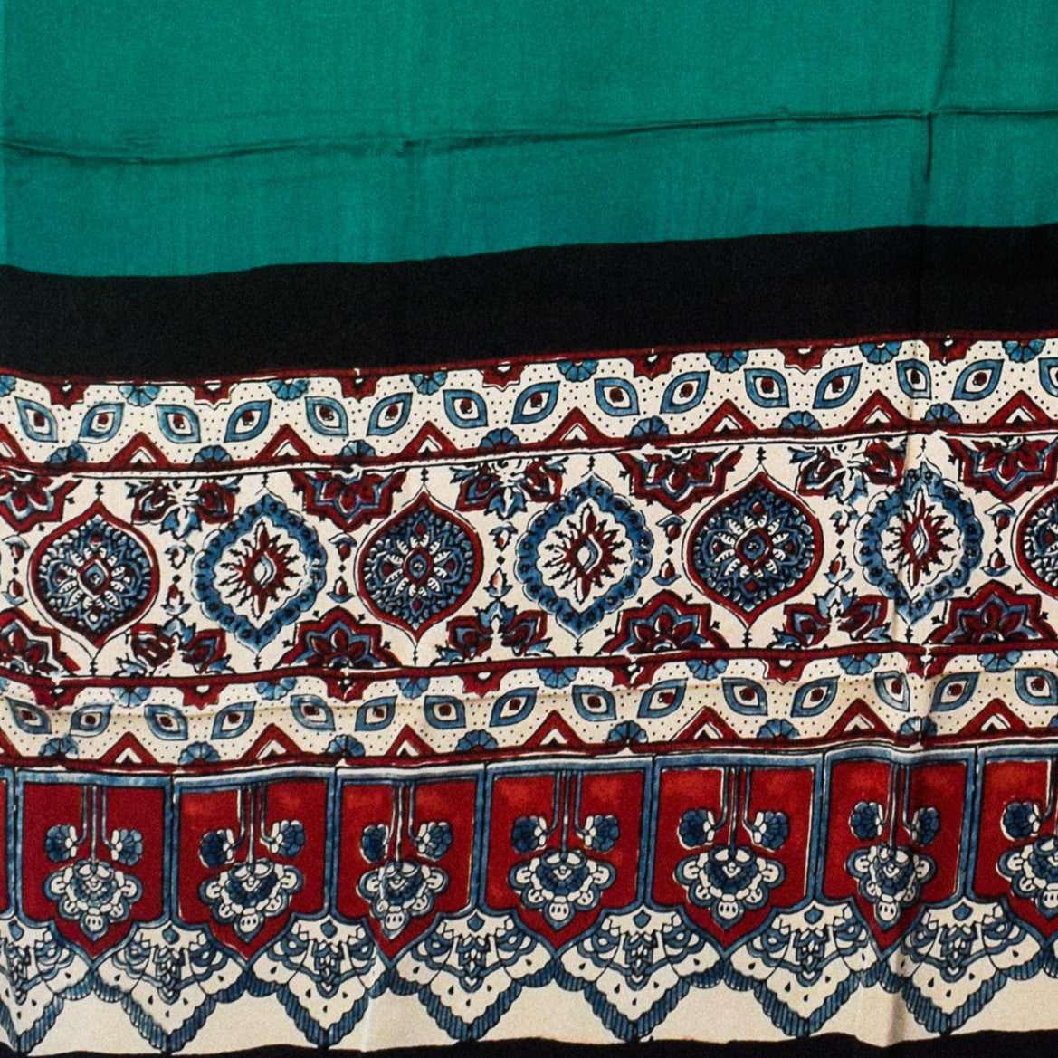 Ajrakh Modal Silk Part Natural Dye Half Plain Dyeing Hand Block Print Dupatta with Tassels - 2.5 Mtr Length - SKU : AI2014AG