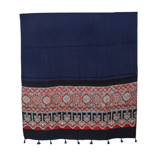Ajrakh Modal Silk Part Natural Dye Half Plain Dyeing Hand Block Print Dupatta with Tassels - 2.5 Mtr Length - SKU : AI20104Q