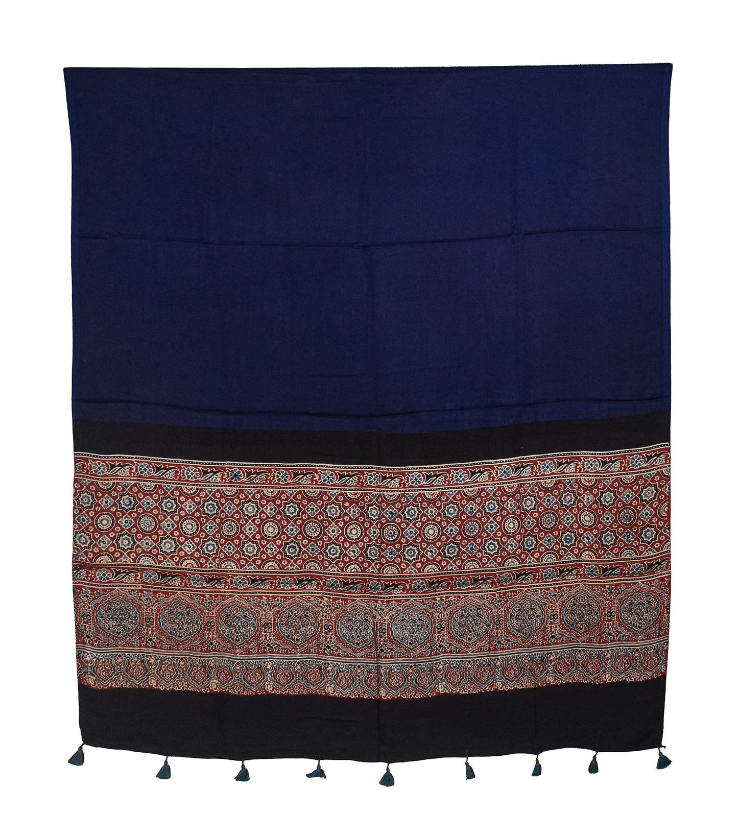 Ajrakh Modal Silk Part Natural Dye Half Plain Dyeing Hand Block Print Dupatta with Tassels - 2.5 Mtr Length - SKU : AI2014AD
