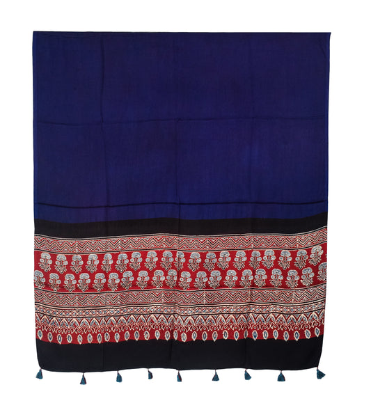 Ajrakh Modal Silk Part Natural Dye Half Plain Dyeing Hand Block Print Dupatta with Tassels - 2.5 Mtr Length - SKU : AI2014AK